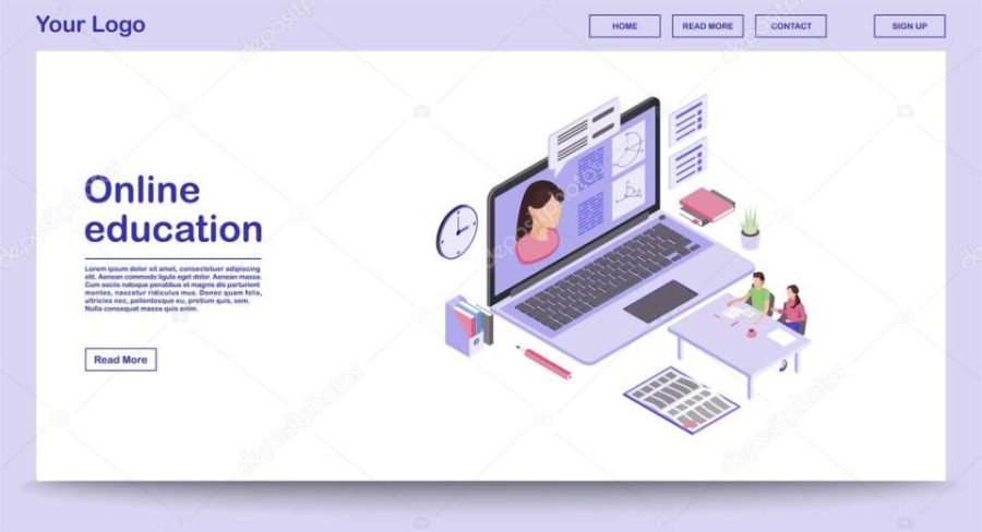 E learning webpage vector template with isometric illustration