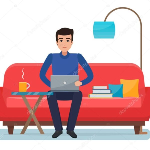 Freelancer man with computer on sofa at home.