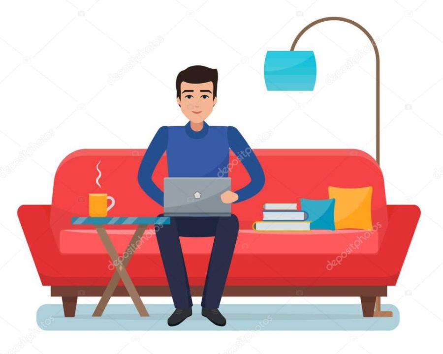 Freelancer man with computer on sofa at home.