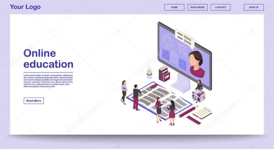 Online education webpage vector template with isometric illustration