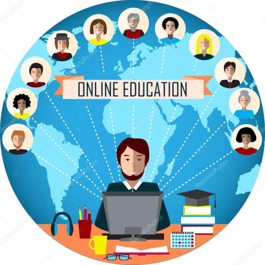 Tutor and his online education group on the globe background. Concept of distance education and e-learning. Tutor instructs students from different countries.