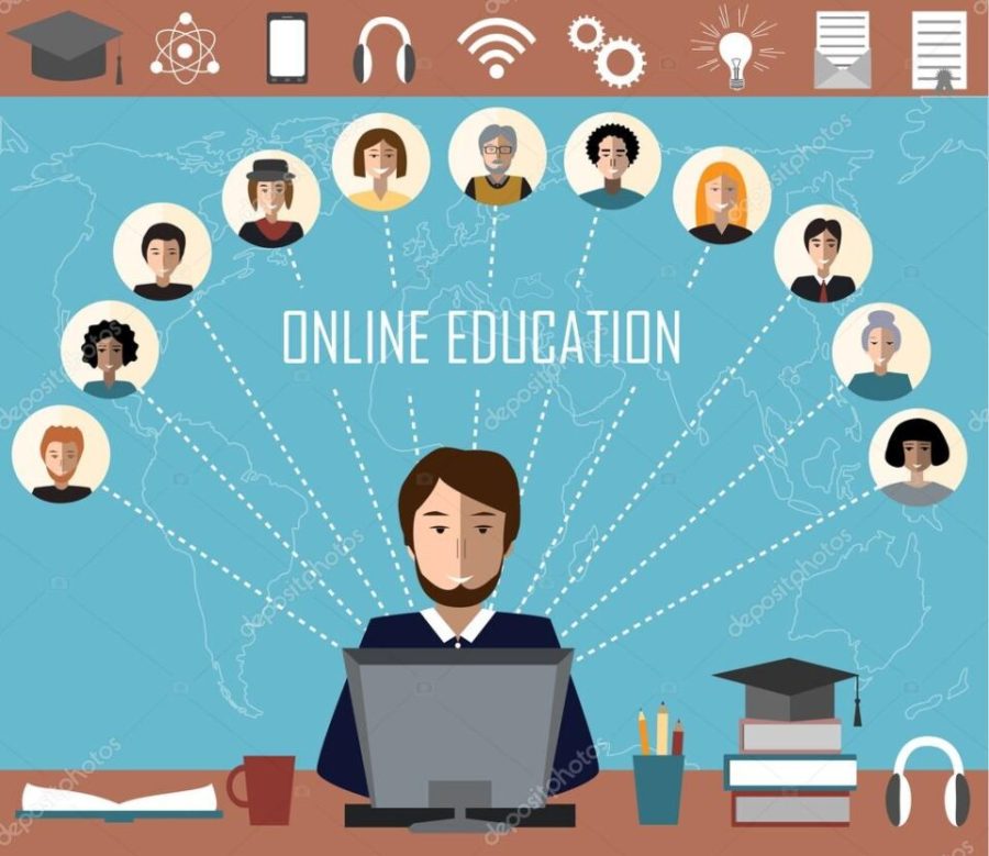 Tutor and his online education group on the world map background. Concept of distance education and e-learning.