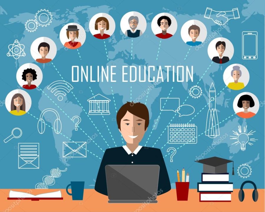 Tutor and online education group. White contour icons background