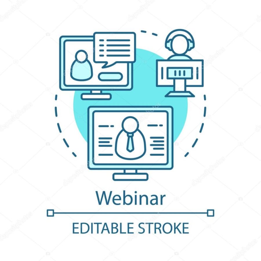 Webinar blue concept icon. E-learning idea thin line illustration. Web-based video conference. Web seminar. Online courses, classes. Remote education. Vector isolated outline drawing. Editable stroke