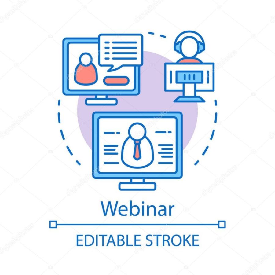 Webinar concept icon. E-learning idea thin line illustration. Web-based video conference. Web seminar. Online courses, classes. Remote education. Vector isolated outline drawing. Editable stroke