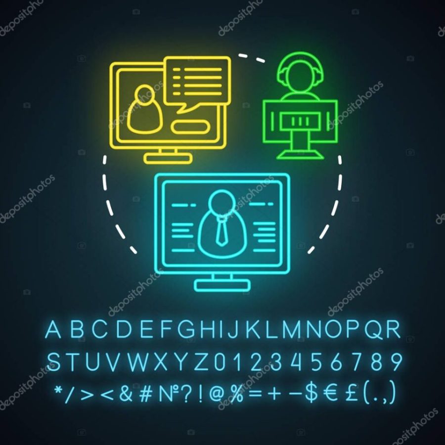 Webinar neon light icon. E-learning. Web-based video conference. Web seminar. Online courses, classes. Remote education. Glowing sign with alphabet, numbers and symbols. Vector isolated illustration