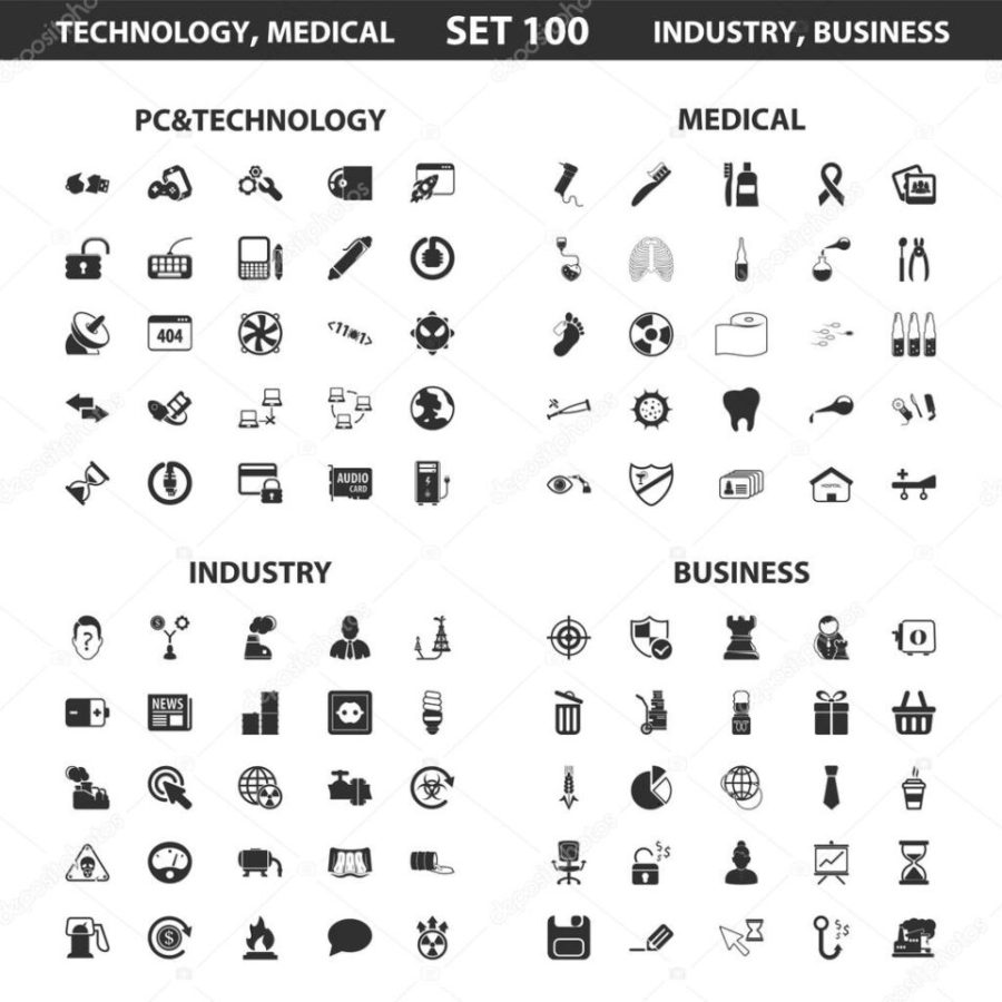 Pc, technology set 100 black simple icons. Medical, industry, business icon design for web and mobile.