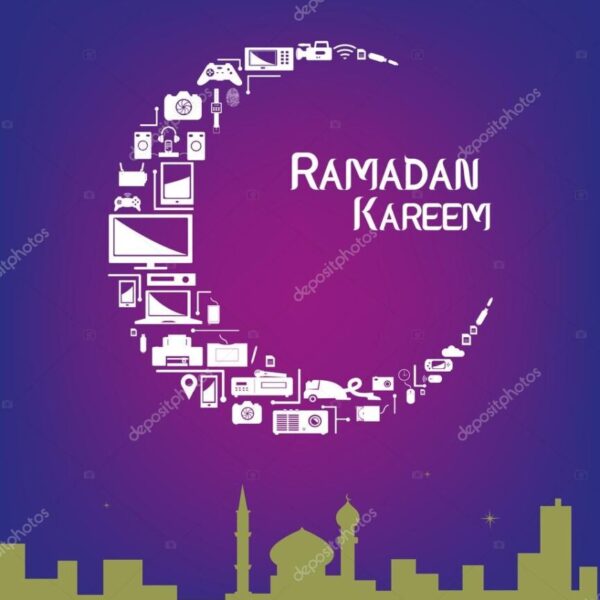 Technological products forming a Crescent Moon with a mosque within a city. Promotional sale layout artwork for Ramadan season. Editable EPS10 vector and jpg illustration.