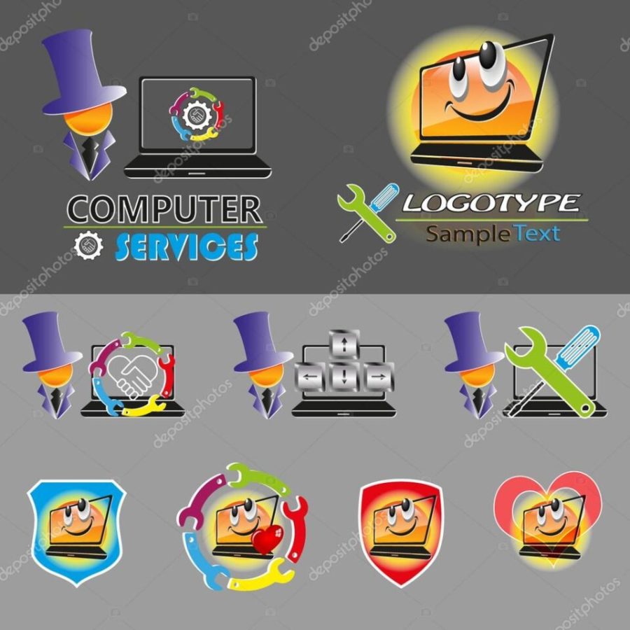 vector set of various logos, smileys for repair, PC maintenance, laptop