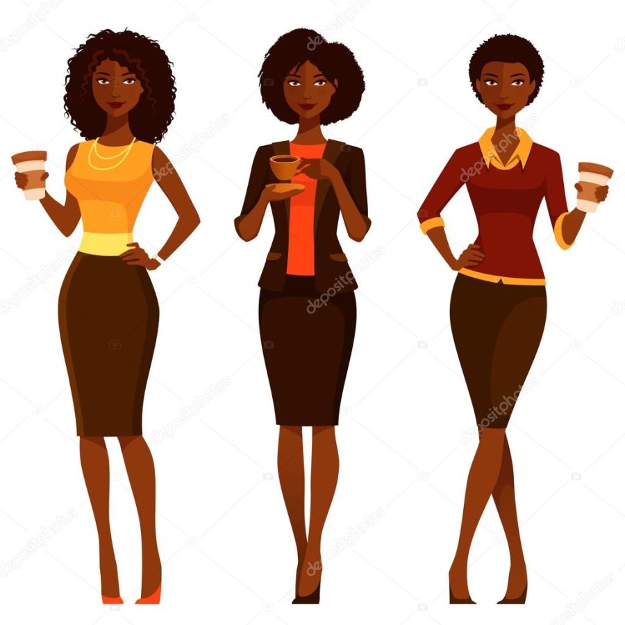 African American women in office clothes, enjoying coffee