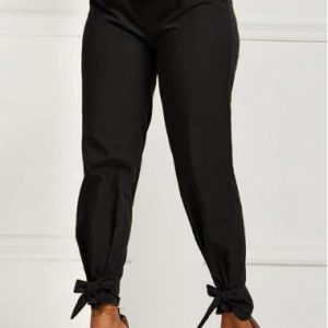 Belted Black Elastic Mid Waisted Pants