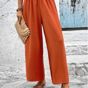 Brick Red Elastic Waist High Waisted Smocked Pants