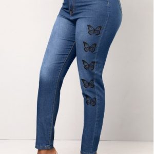 Butterfly Print Pocket Denim Blue Skinny Jeans