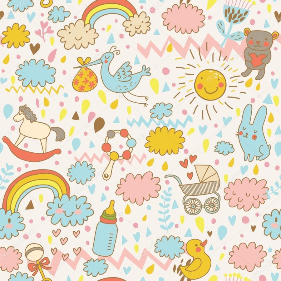 Concept baby's seamless pattern. Toys, children's clothes, animals in the sky. Best pattern for wrapping paper for babies