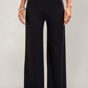 Elastic Black Straight Leg High Waisted Pants