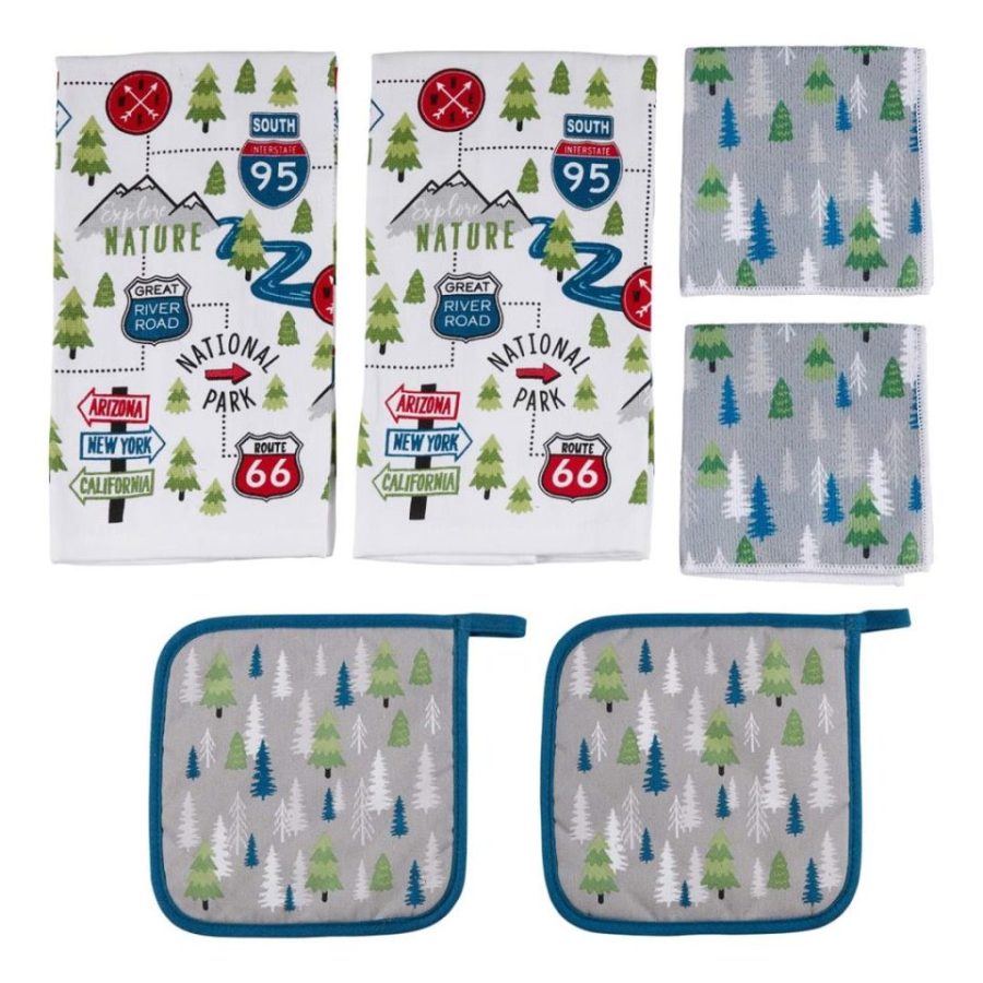 LIPPERT 2022107828 Road Sign RV Kitchen Towel & Potholder Set, 6 Pieces, Unique Road Trip Design Two Kitchen Towels, Two Dish Cloths and Two potholders Rated up to 400°F Machine Washable