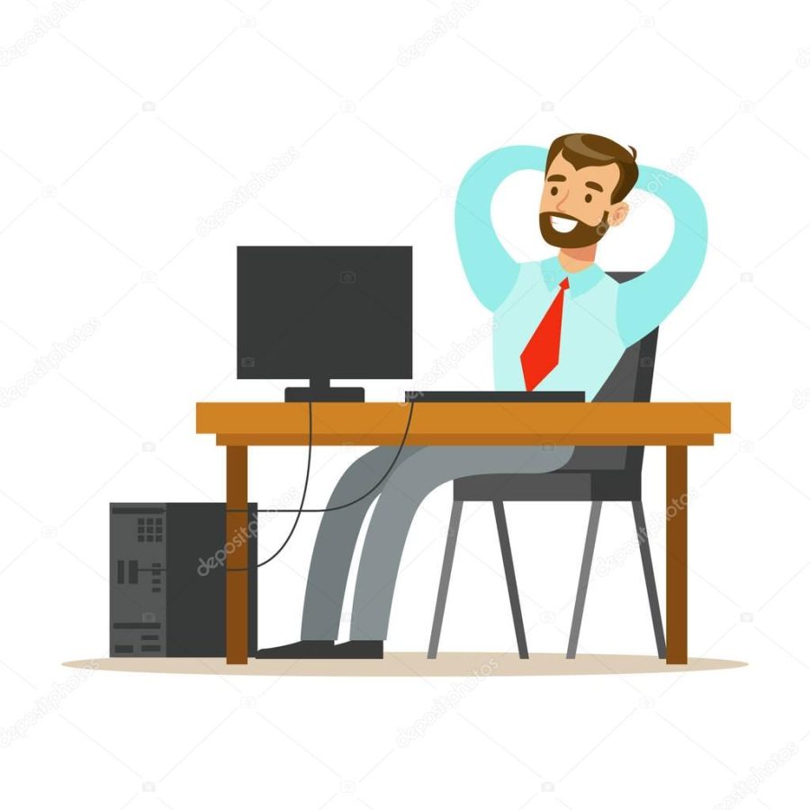 Man Resting And Stretching At His Desk, Part Of Office Workers Series Of Cartoon Characters In Official Clothing