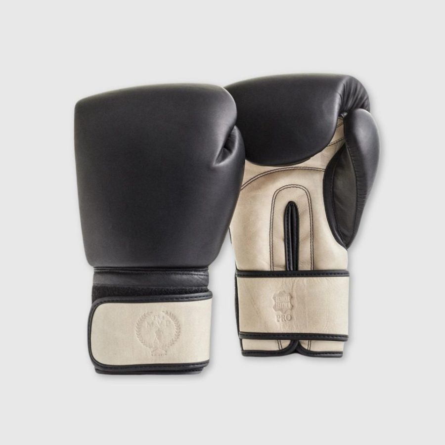 PRO Black / Cream Leather Boxing Gloves (Strap Up)