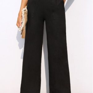 Pocket Wide Leg Black Elastic Waist Pants