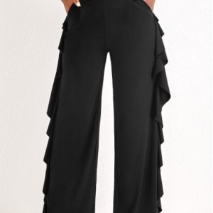 Ruffle Black Wide Leg High Waisted Pants