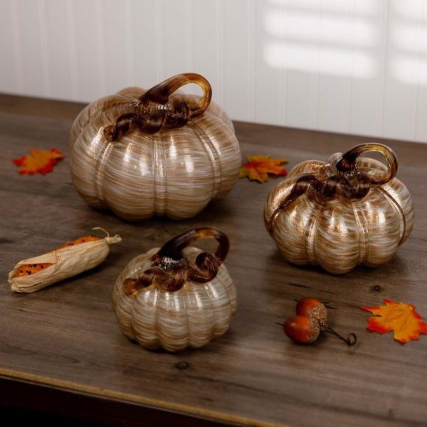 Set of 3 White and Gold Glass Pumpkins