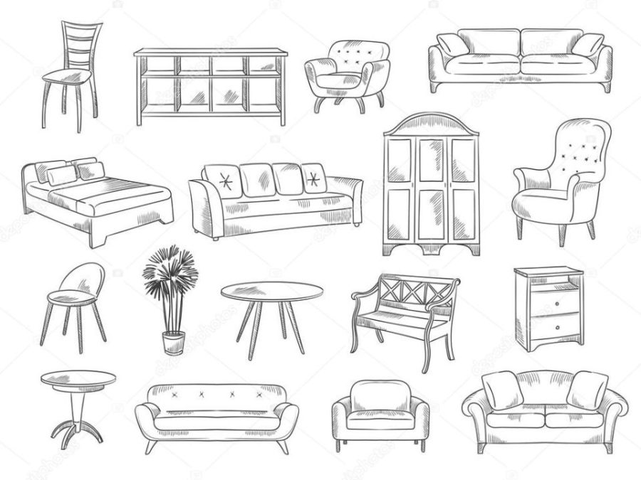 Sketches furniture. Modern interior objects chairs beds technical drawings for architectural design projects recent vector illustrations set collection