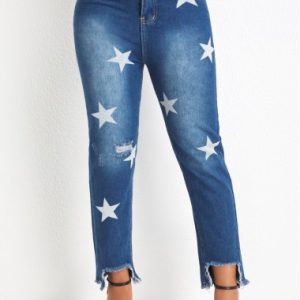 Star Print Pocket Denim Blue Regular Jeans