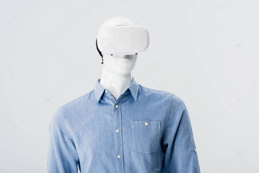 mannequin in clothes with Virtual reality headset isolated on grey