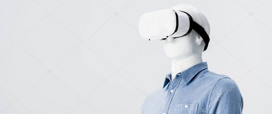 panoramic shot of mannequin in clothes with Virtual reality headset isolated on grey with copy space