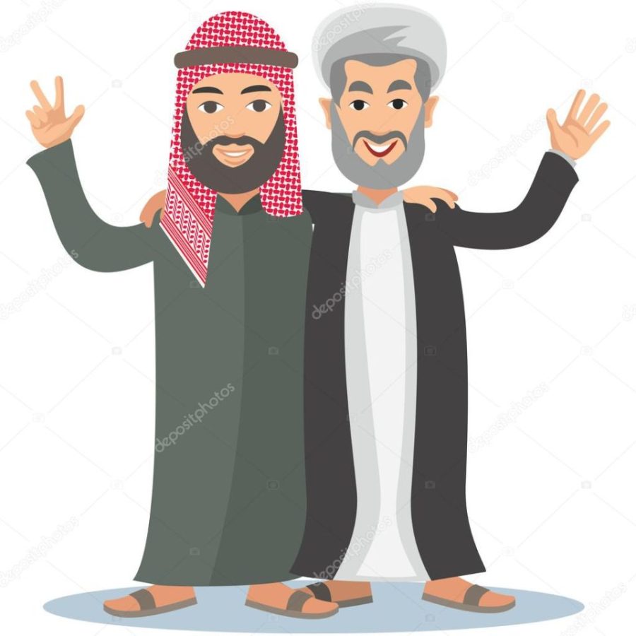 two Arab,muslim,in keffiyeh and turban in traditional clothing,with quran