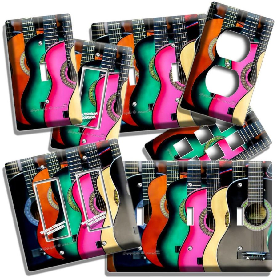 COLORFUL ACOUSTIC GUITARS LIGHT SWITCH OUTLET WALL PLATE MUSIC STUDIO ROOM DECOR