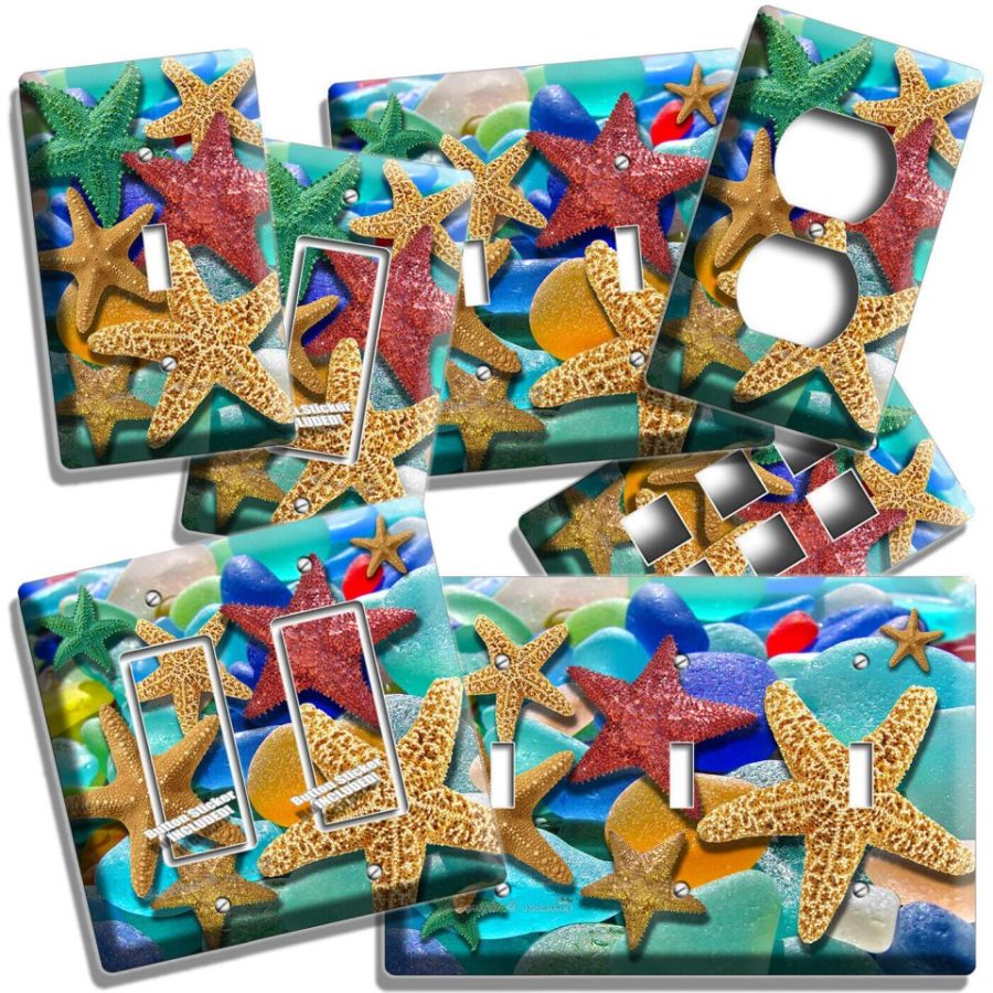 COLORFUL STARFISH SEA GLASS LIGHT SWITCH OUTLET PLATE ROOM BEACH HOUSE ART DECOR