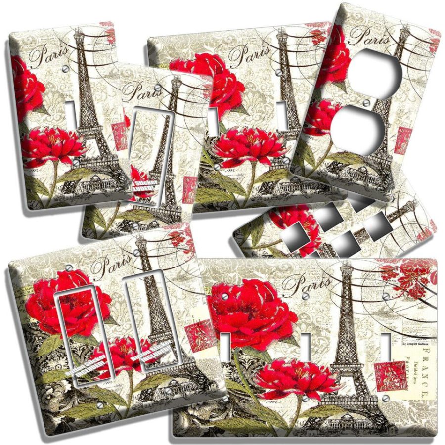 EIFFEL TOWER FLOWERS PARIS RETRO POST CARD STAMP LIGHT SWITCH OUTLET PLATE DECOR