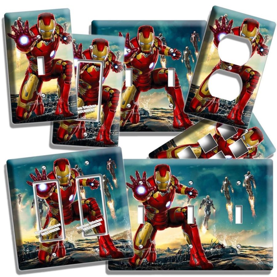 IRONMAN SUPERHERO LIGHT SWITCH OUTLET WALL PLATE COVER BOYS BEDROOM IRON MAN ART