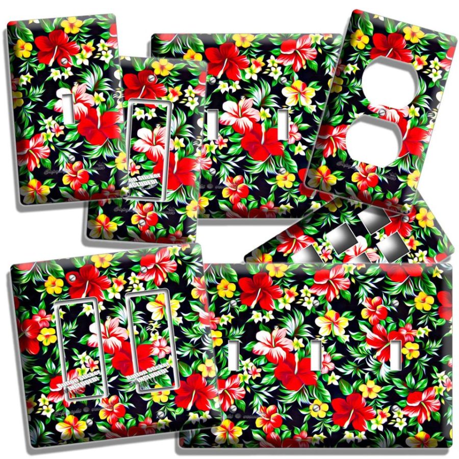 RED HAWAIIAN HIBISCUS FLOWERS PRINT PATTERN LIGHT SWITCH OUTLETS ROOM HOME DECOR