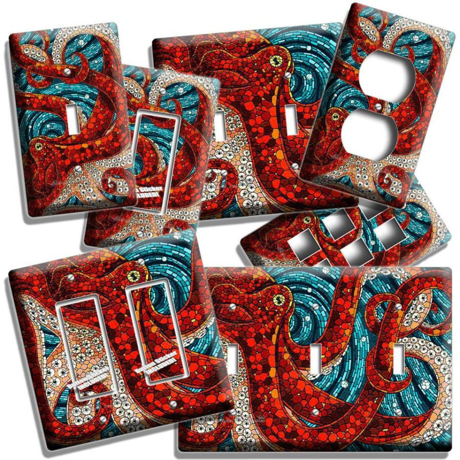 RED OCTOPUS OCEAN WORLD ABSTRACT MOSAIC LIGHT SWITCH OUTLET WALL PLATE ART DECOR