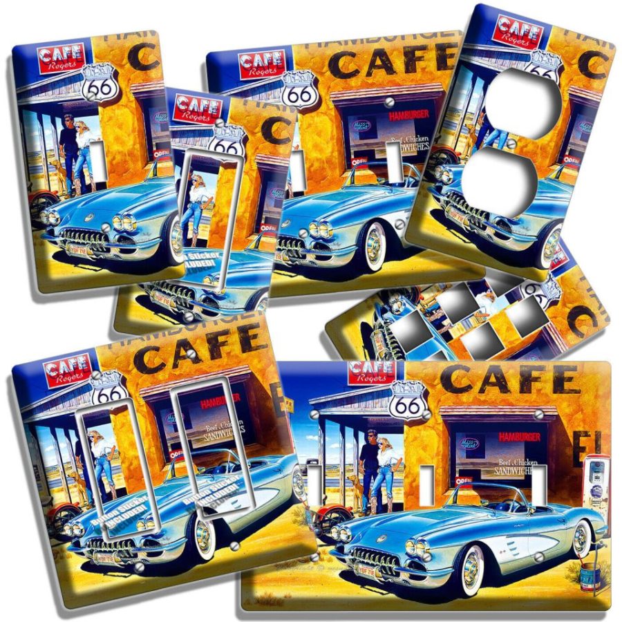 RETRO SPORTS CAR ROUTE 66 CAFE LIGHT SWITCH OUTLET WALL PLATES GARAGE ROOM DECOR