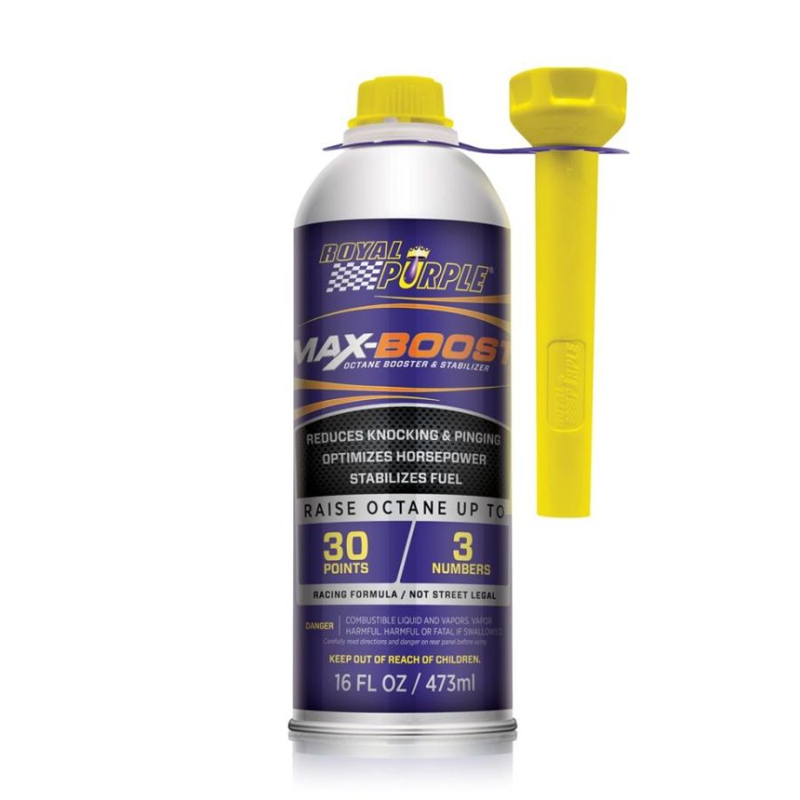 ROYAL PURPLE 11757 Octane Booster; Max-Boost ®; Increase Gasoline Octane/ Reduce Emissions/ Enhances Engine Performance/ Safe For Racing Engines With Carburetors/ Port Fuel Injection And Direct Injection And Turbocharged/ Supercharged/ Nitrous-Injected E