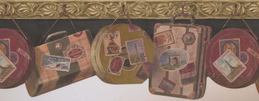 Vintage Suitcases Bags on Hooks Charcoal Green FFM10064B Wallpaper Border