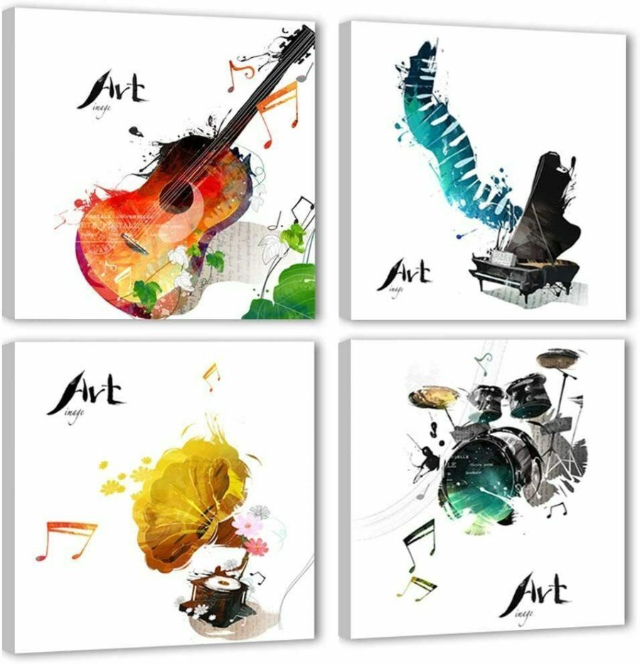 4 Pieces Canvas Wall Art Guitar Piano Phonograph Drum Set Paint Framed Bedroom