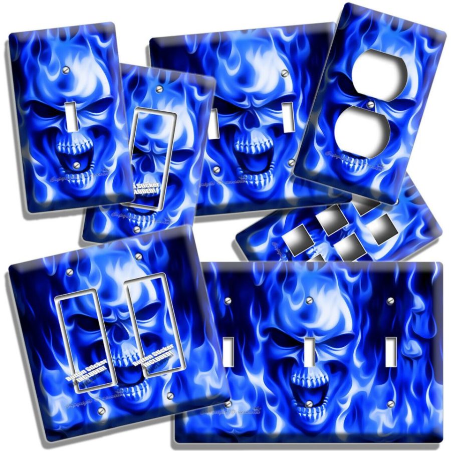 ANGRY BLUE FLAMES BURNING SKULL LIGHT SWITCH OUTLET WALL PLATE MAN CAVE HD DECOR