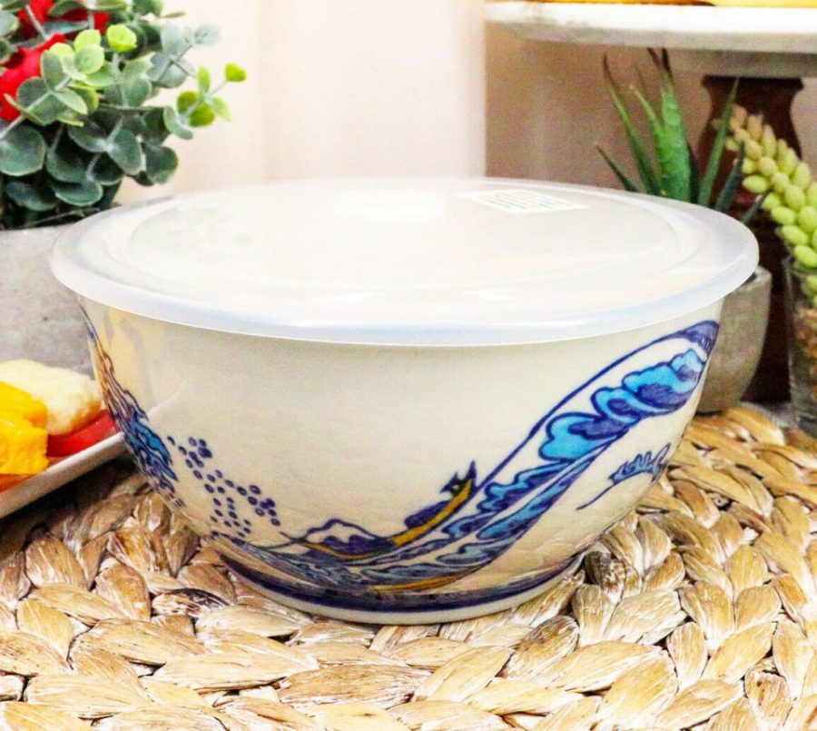 Ebros Set of 2 Ceramic Blue Hokusai Great Wave Portion Meal Bowls 5 Cups W/ Lid