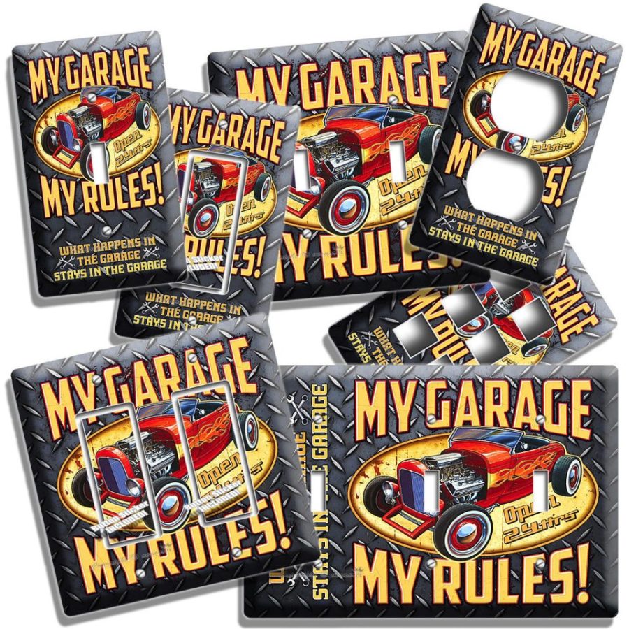 MY GARAGE RULES HOT ROD CAR LIGHT SWITCH OUTLET WALL PLATES ROOM MAN CAVE DECOR