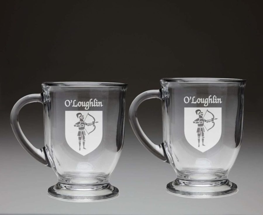 O'Loughlin Irish Coat of Arms Glass Coffee Mugs - Set of 2