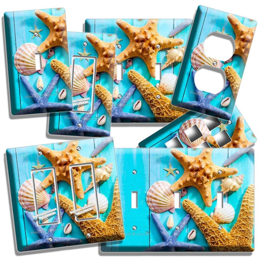 RUSTIC TURQUOISE WOOD NAUTICAL SEA SHELL STARFISH LIGHT SWITCH OUTLET WALL PLATE