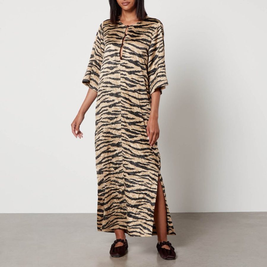 Ganni Tiger-Print Crinkled-Satin Maxi Dress - EU 34/UK 6