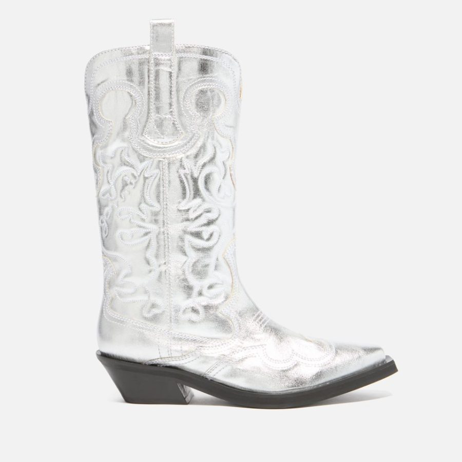 Ganni Women's Leather Mid Embroidered Western Boots - Silver - UK 3