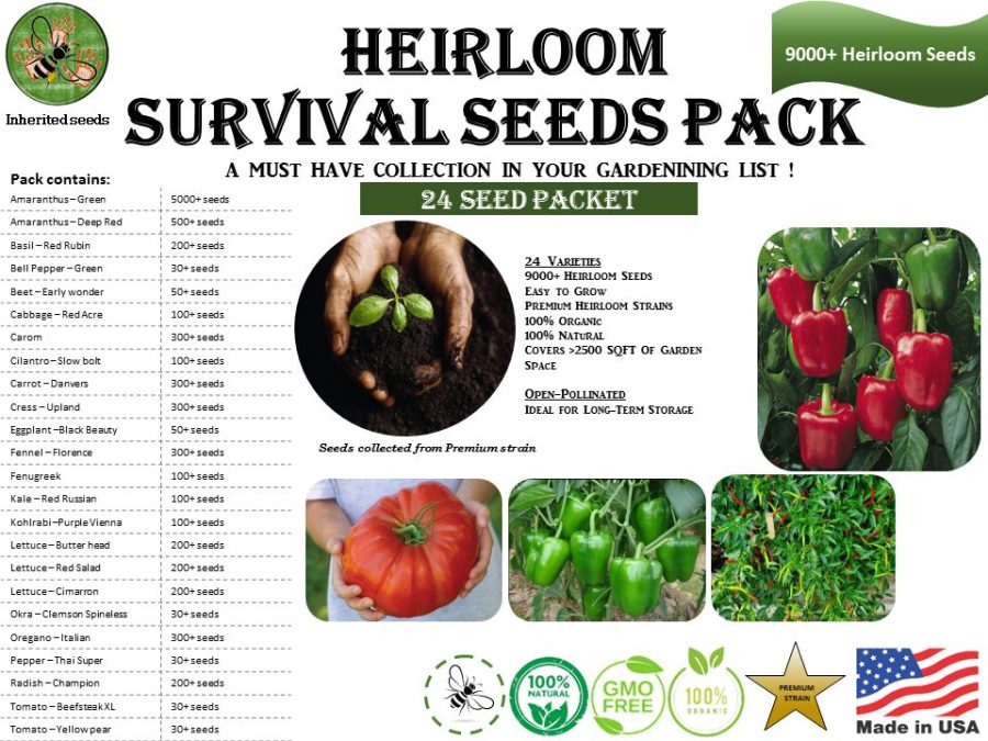 Heirloom Survival Kit 9000+ seeds, 24 varieties pack, 100% organic, Grown in USA