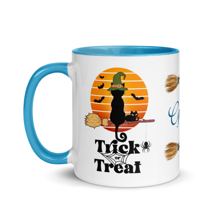 Personalized Coffee Mug 11oz | Add Your Name to Trick or Traeat Black Cat Broom