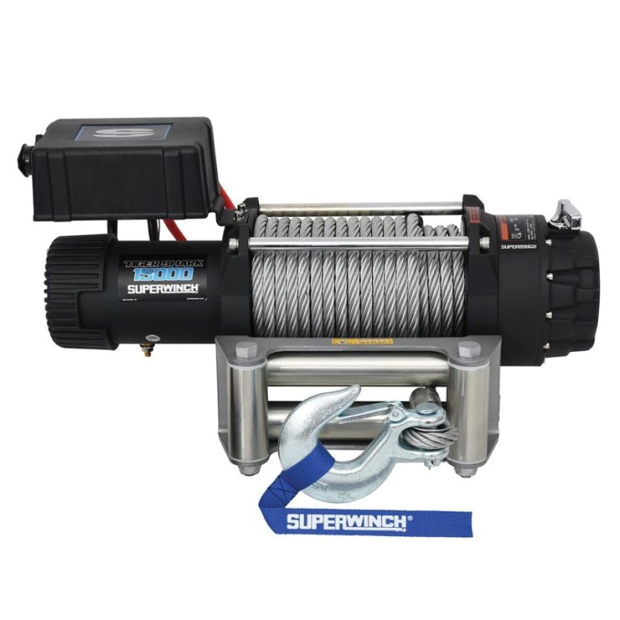 SUPERWINCH 1515000 Tiger Shark 15000 12V DC Winch 15,000lb/6804kg Single Line Pull with Roller Fairlead, 29/64 INCH x 92FT Steel Wire Rope, Corded Handheld Remote